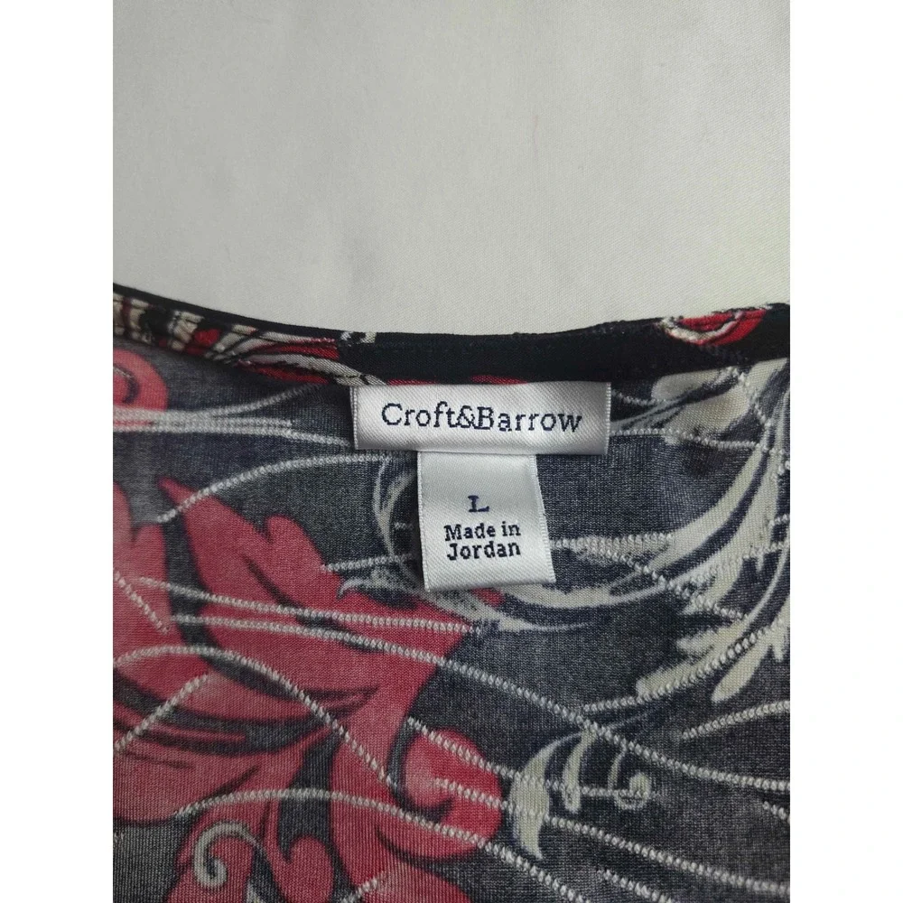 Croft & Barrow Womens Large Red Black Scroll Floral Scoop Neck Long Sleeve Top
